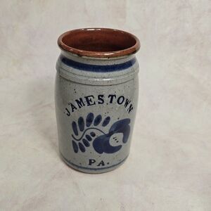 Vtg Signed 6.5" Tall Salt Glaze Pottery Blue Stoneware Crock‎ - Jamestown  PA
